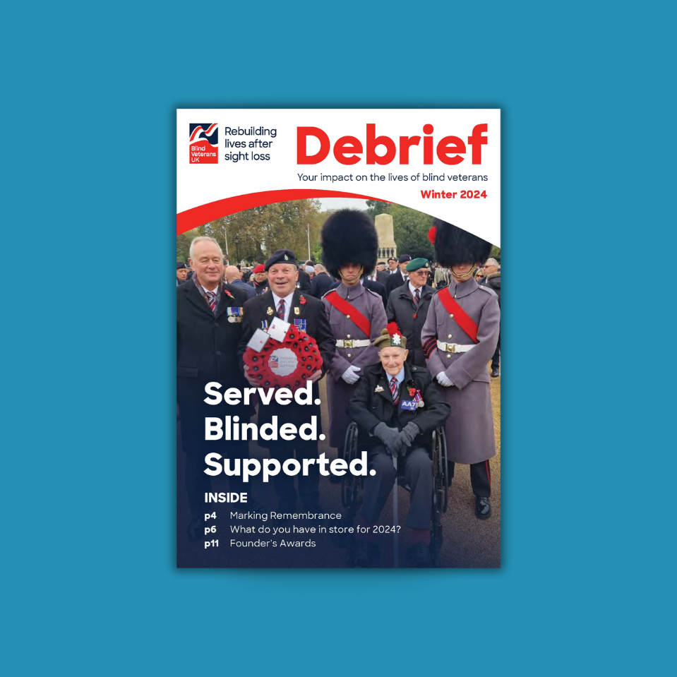Supporter magazine front cover, with title "D-Day80: Honouring our brave heroes" and a portrait photograph of a D-Day blind veteran