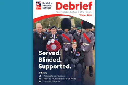 Supporter magazine front cover, with title "D-Day80: Honouring our brave heroes" and a portrait photograph of a D-Day blind veteran