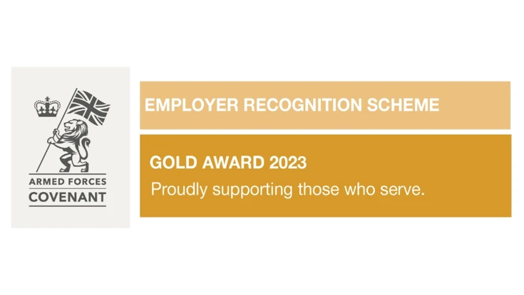 An image showing the logo of the Armed Forces Covenant Employer Recognition Scheme – Gold Award 2023
