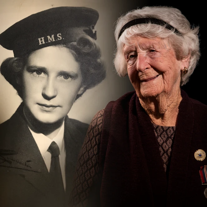A black and white photo of Alice while in service, edited beside a picture of blind veteran Alice today