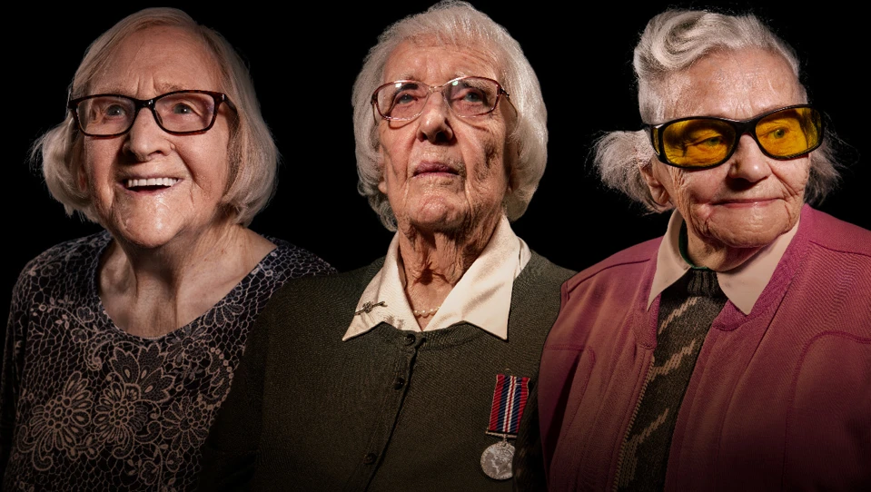 Three blind veterans Neena, Joan, and Ruth edited beside each other on a black background