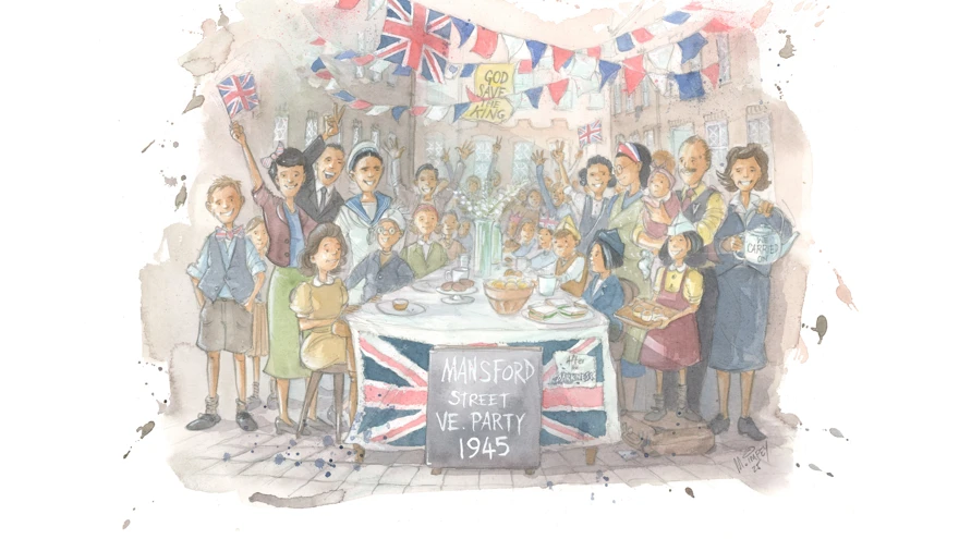 A watercolour illustration lots of people smiling at a street party with the text 'Mansford street party 1945' and 'After the Darkness'