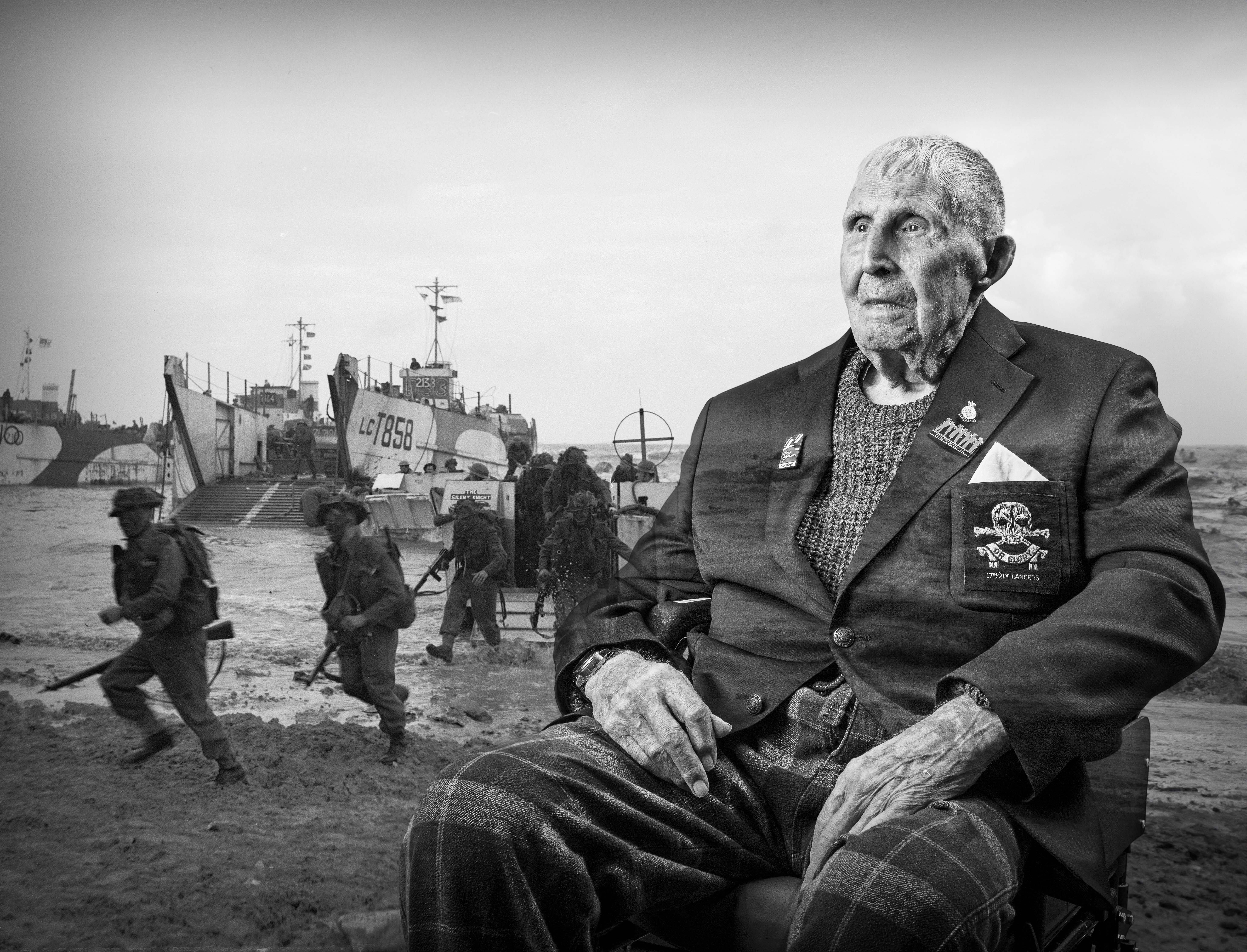 A black and white portrait, overlaid on an scene from D-Day