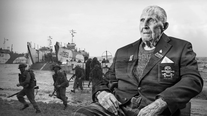 A black and white portrait, overlaid on an scene from D-Day