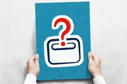 A pair of hands holding a poster with a graphic letter box and question mark