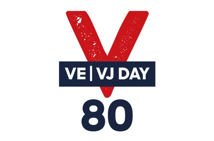A graphic of a big red V with the word' VE / VJ Day' in a box with a big 80 below