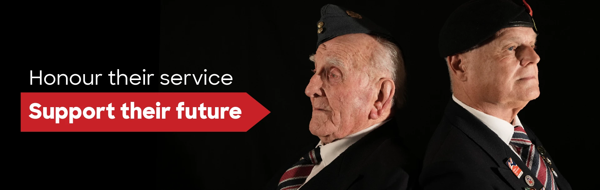 The text 'Honour their service, support their future" beside a photo of Wayne and Michael sat back to back over a black background