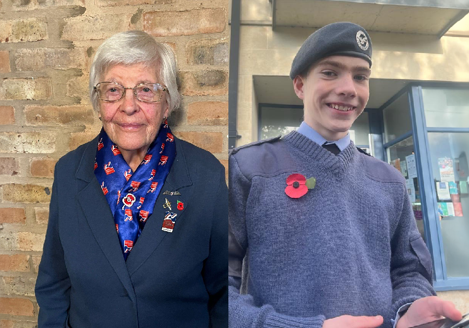 Janet and Dillon are wearing poppies. Janet is wearing a Blind Veterans UK scarf and Dillon is in his cadet uniform.
