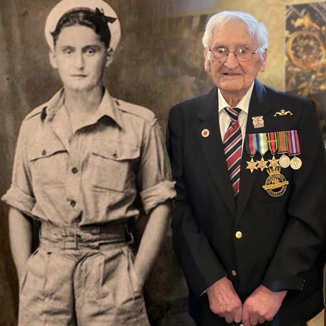 A old photo of John in uniform beside a picture of him now