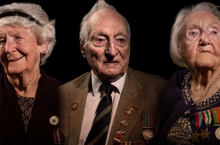 Three blind veterans Alice, Derrick and Joan edited beside each other on a black background