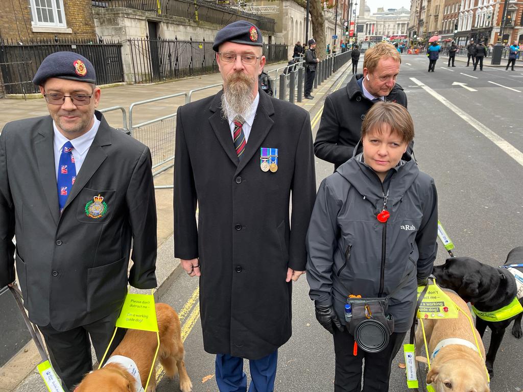 Blind veterans Kelly and Dave with Dave's brother just before the march past the Cenotaph