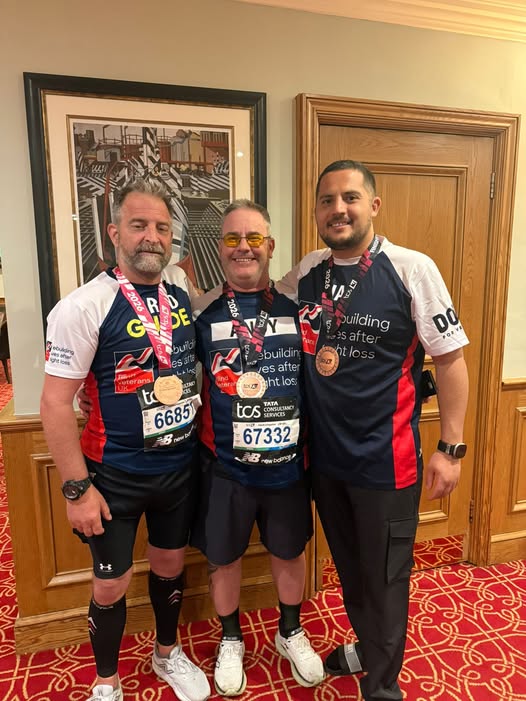 Andy, Jay and Brad with their London Marathon medals around their necks
