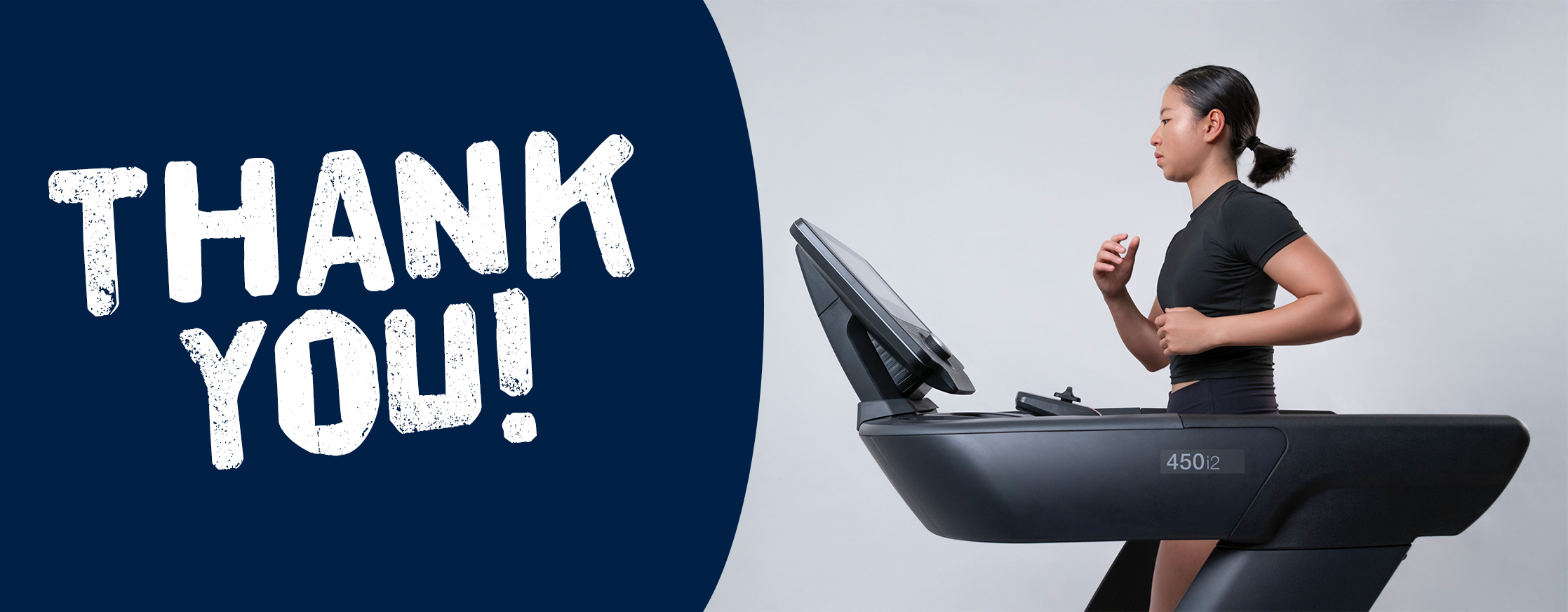 "Thank you!" A photo of a young woman on a treadmill