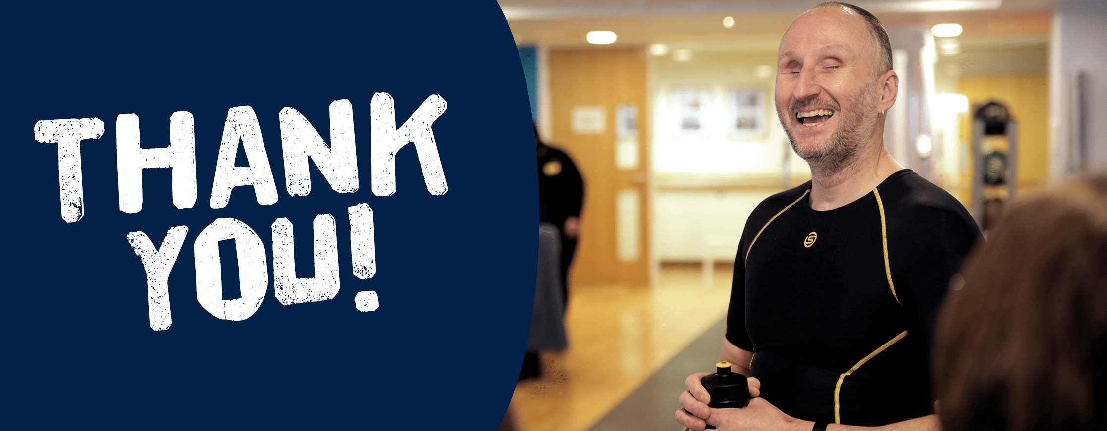 Thank You! beside a photo of blind veteran Mark in the gym