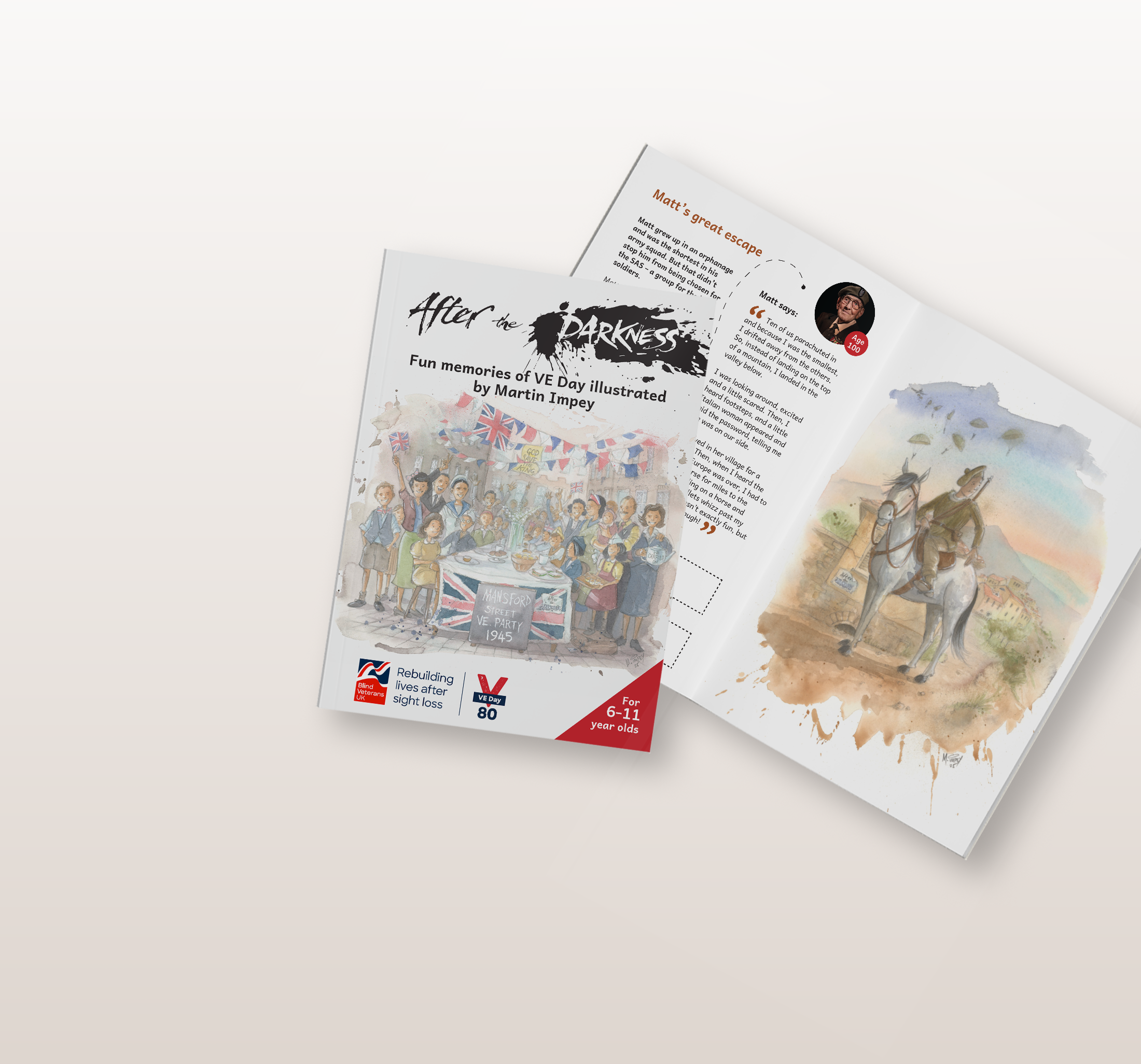 A booklet with the words 'After The Darkness: Fun memories of VE Day illustrated by Martin Impey'