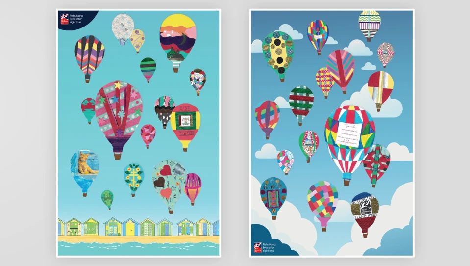 A mock up of two tea towels featuring collage-style hot air balloons and a Blind Veterans UK logo