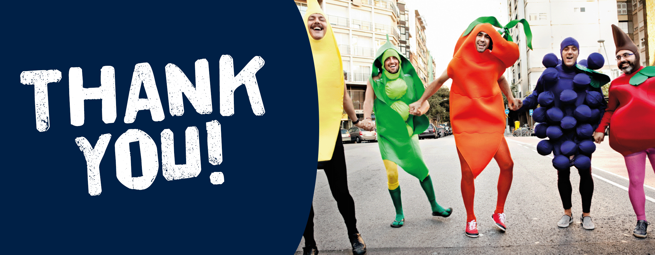 Graphic saying thank you, showing a group all in cosumte