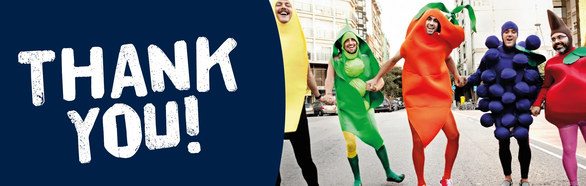 Graphic saying thank you, showing a group all in cosumte