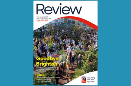 A magazine front cover with title "Goodbye Brighton" and an image of Brighton Centre gardens with blind veterans and staff waving