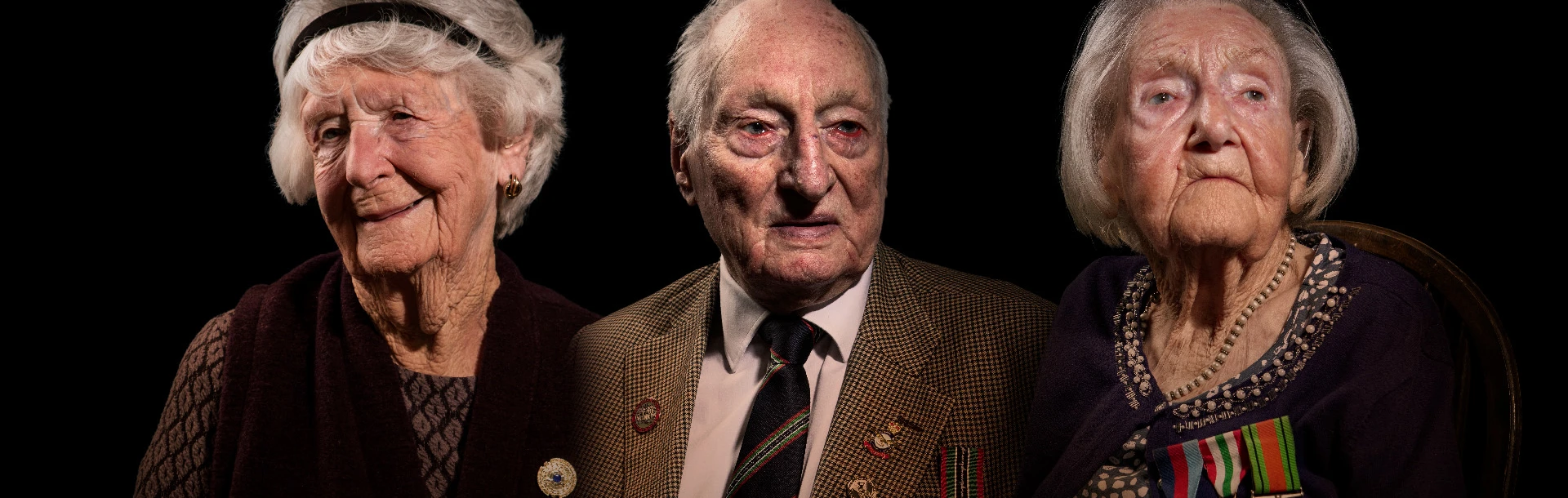 Three blind veterans Alice, Derrick and Joan edited beside each other on a black background