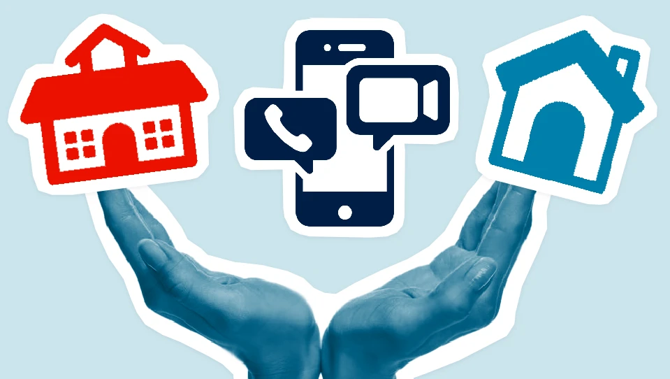 Icon of hands holding a house, centre and phone indicating how we can support veterans