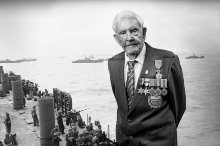 A black and white portrait of D-Day veteran Bob, overlaid on a scene from D-Day