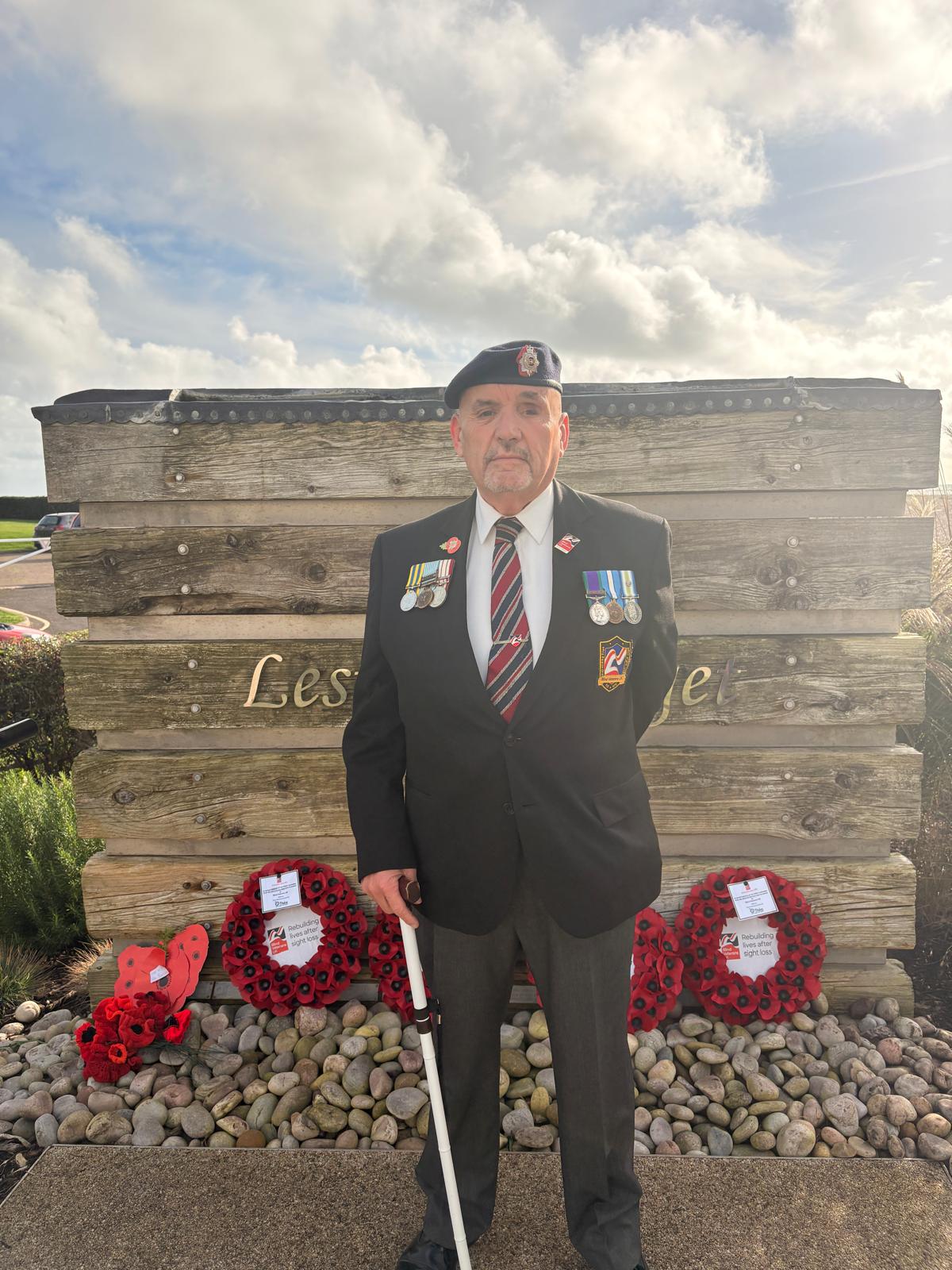 Blind Veteran Alan Walker In Front Of War Memorial Rustington Centre Memorial Garden 