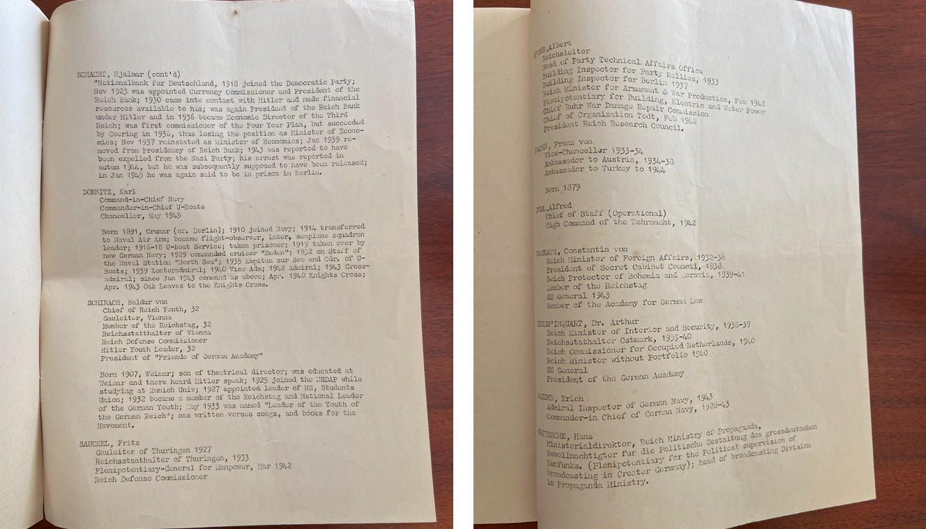 Nuremberg Booklet's list of the defendants including: Hjalmar Schacht, Karl Doenitz, Baldur von Schirach, Fritz Sauckel, Albert Speer, Franz von Papen, Alfred Jodl, Constantin von Neurath, Arthur Seyss-Inquart, Erich Raeder, and Hans Fritzsche