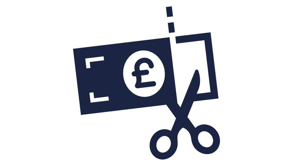 Icon of a bank note being cut by a pair of scissors