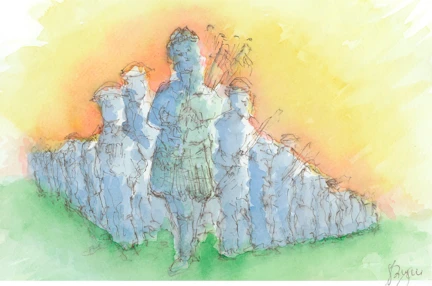 A watercolour painting of a group of soldiers standing together behind a man playing the bagpipes. The figures are all painted in grey and are stood to attention on bright green grass with a colourful sunset sky surrounding them.