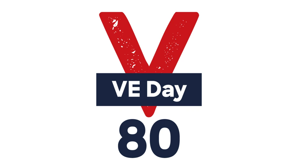A graphic of a big red V with the word' VE Day 80' in a box