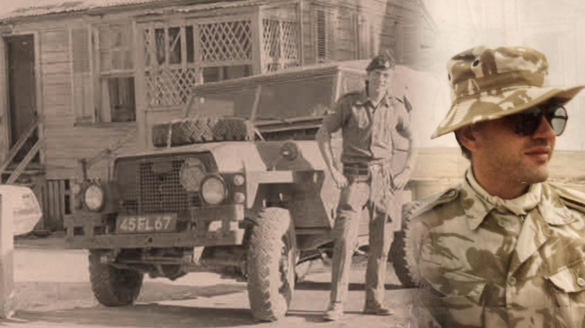 Two old photos of Tom and John while in service, one beside a Jeep the other in the desert.