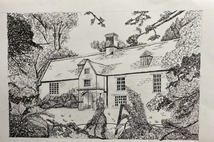 A pencil drawing of a large country house
