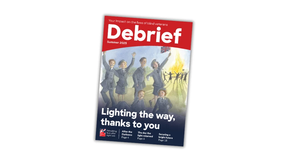 Front cover of Blind Veteran UK's Debrief magazine, Summer 2025 edition, featuring a Martin Impey illustration depicting a group of service men and women celebrating VE Day. The header text reads: Lighting the way - thanks to you.
