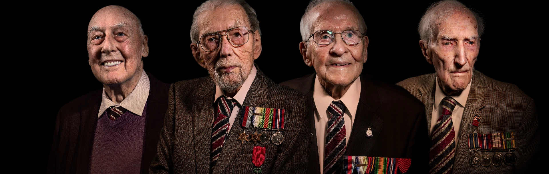 Four blind veterans Thomas, Peter, John, and Arthur edited beside each other on a black background