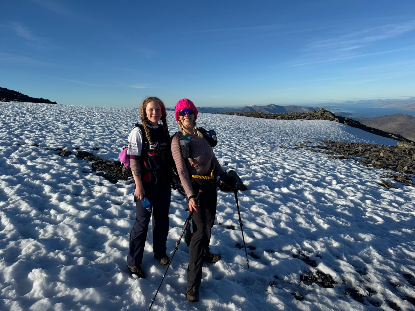 Anna and Rebecca standing in the snow at the top of Ben Nevis