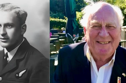 Two pictures of Jack side by side. On the left a black and white image of a young Jack in his RAF uniform and on the right a recent image of Jack as he nears 100