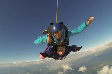 Claire pictured midway through her skydive