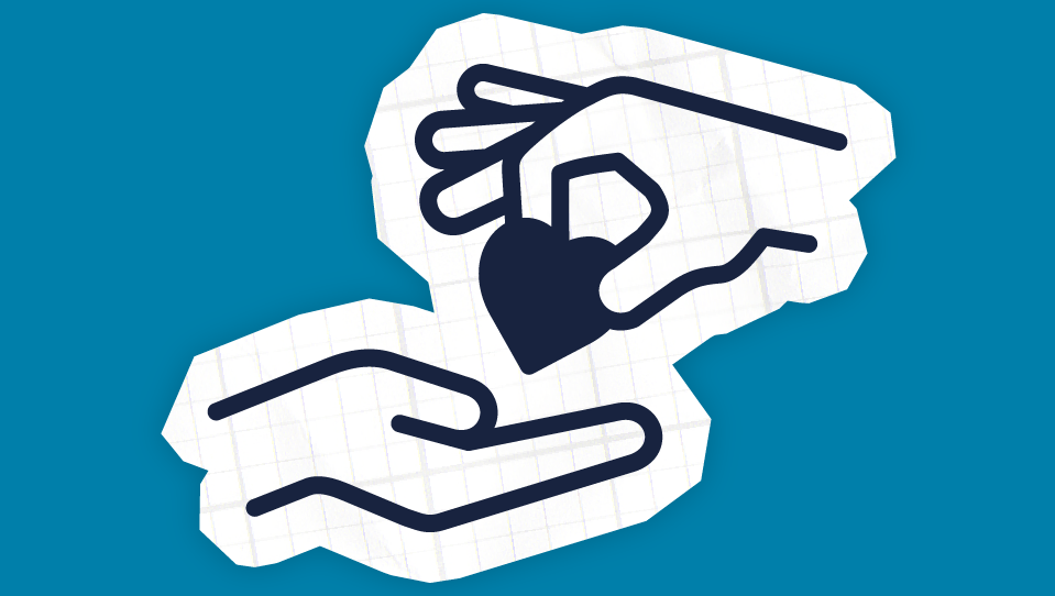 An icon of a hand passing a love heart to another hand