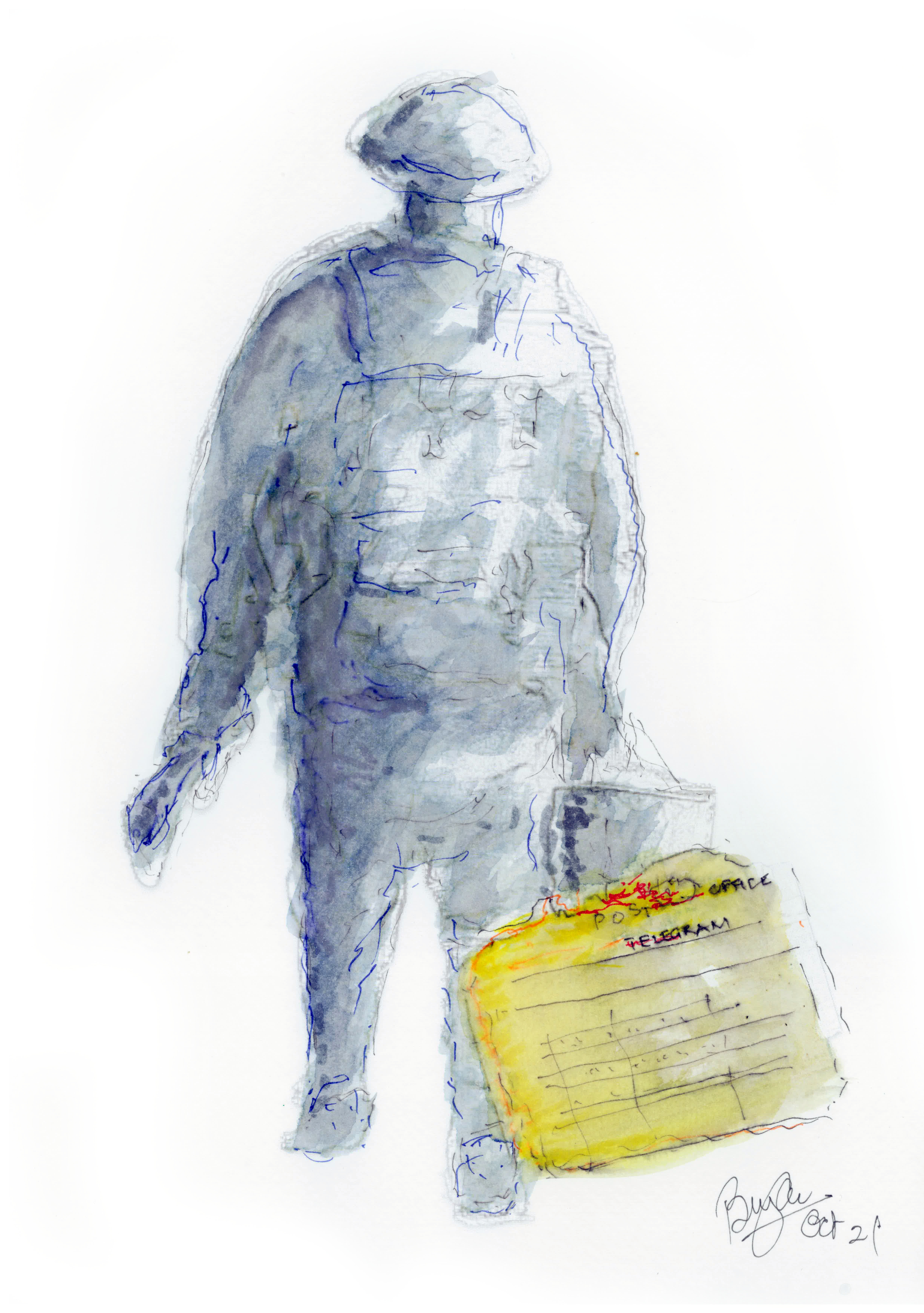A watercolour painting of the back of a soldier painted in grey and in the forefront a brightly painted telegram delivering the news of the death of a loved one.