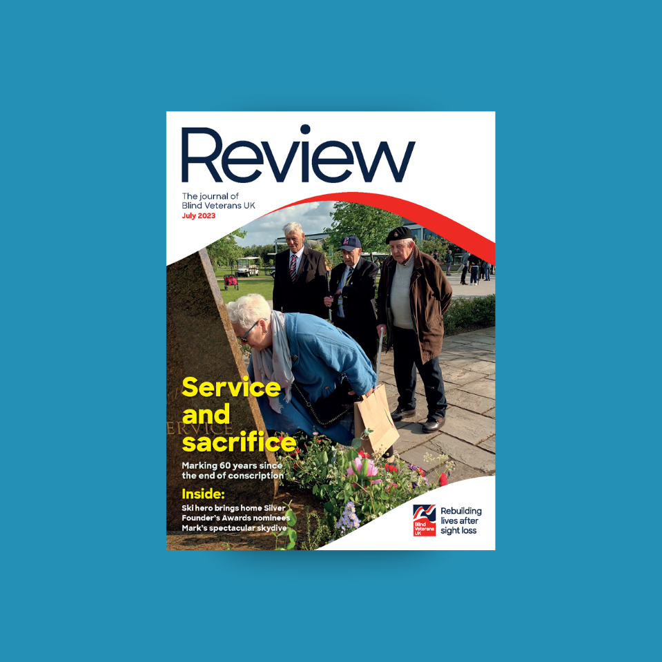 A magazine front cover with the title "Service and sacrifice" and blind veterans and staff laying a wreath