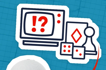 An Echo dot beside a icons of dice, chess, cards and tv trivia