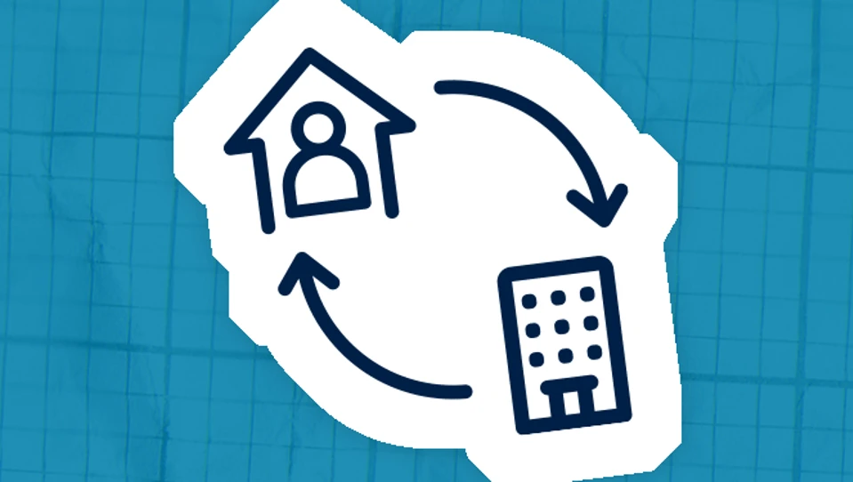 Icon of a house and an office building, with two arrows circling between them