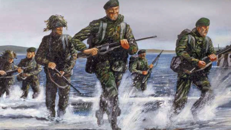 Illustration of soldiers running out from sea shore holding weapons