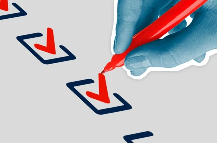 An icon of a pen in hand, ticking a series of check boxes