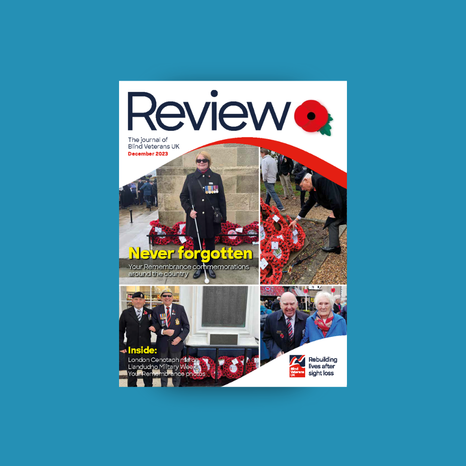 A magazine front cover with title "Never forgotten" and images of blind veterans during Remembrance