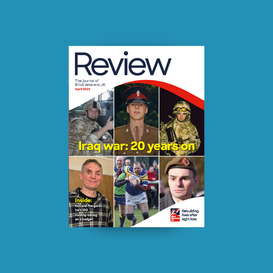 A magazine front cover with title "Iraq war: 20 years on" and a collage of six images featuring three blind veterans, before and after they lost their sight