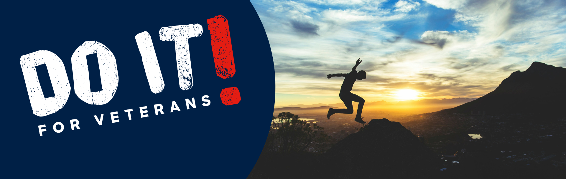 The words 'Do it for veterans' alongside an image of dark mountains against a sunrise sky, with a silhouette of a man leaping adventurously across the backdrop.