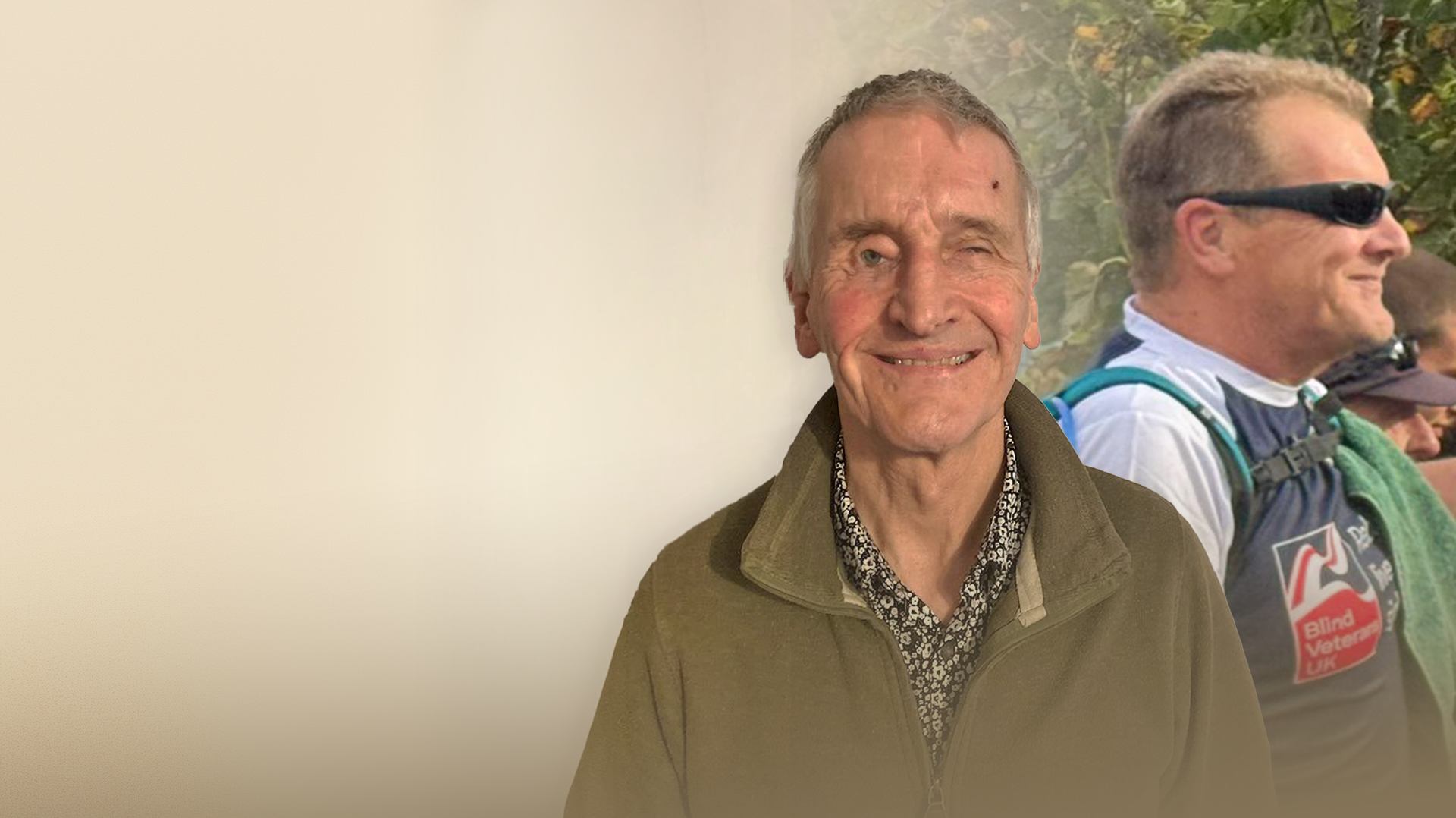 Hero image of blind veteran Jamie smiling at the camera, standing against a neutral background, combined with an image of blind veteran Steve being guided during a fundraising event