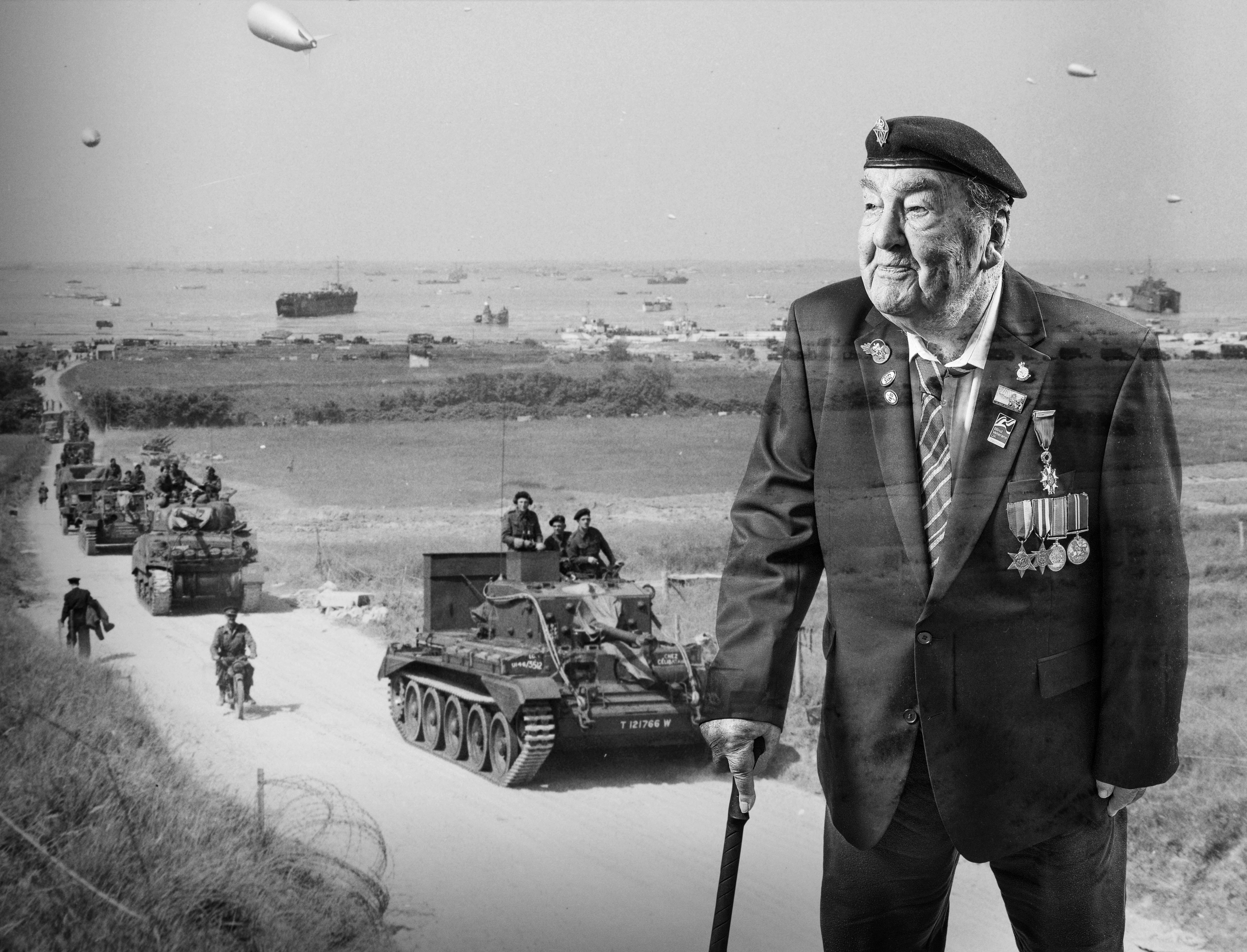 A black and white portrait of blind veteran Richard, overlaid on a scene from D-Day